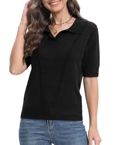 Urban CoCo Women's Short Sleeve V-Neck Collared Sweater 2025 Spring Summer Ribbed Knit Tops for Business Casual