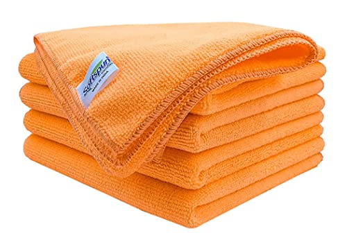 Image of SOFTSPUN Microfiber Cleaning Cloths, 40X60 cms 5 pcs Towel Set 340 GSM Orange! Highly Absorbent Lint and Streak Free Multipurpose Wash Cloth for Kitchen Car Window Stainless Steel Silverware.