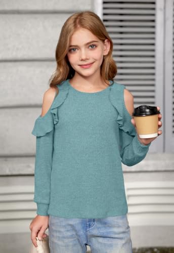 Girls Fall Cold Shoulder Knit Shirts | Long Ruffle Sleeve Crew Neck Casual Cozy Pullover Top, 6–14 Years3