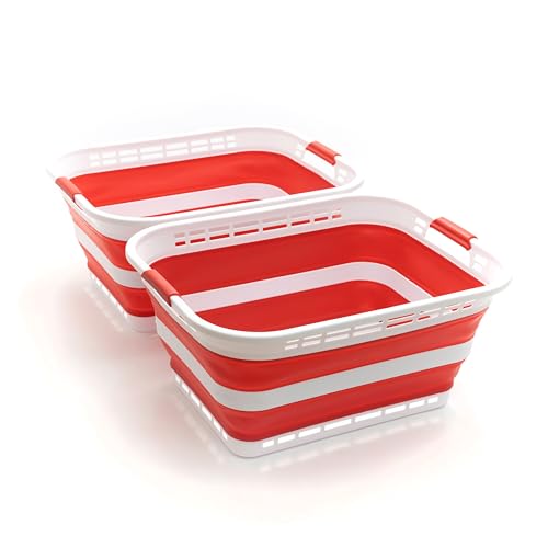 Image of SAMMART 42L (11 gallons) Collapsible Plastic Laundry Basket - Portable Pop Up Storage Container /Organizer - Portable Hamper - Space Saving Easy Storage (White /Viva Magenta [BPA Free] (Set of 2))