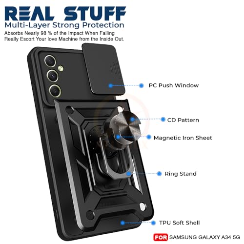 Image of Armor Bumper Back Cover Case for Samsung A34 5G Rotating Camera Cover, Ring Holder & Kickstand | Heavy Duty & 360 Degree Protection Samsung A34 5G Back Cover (Black)
