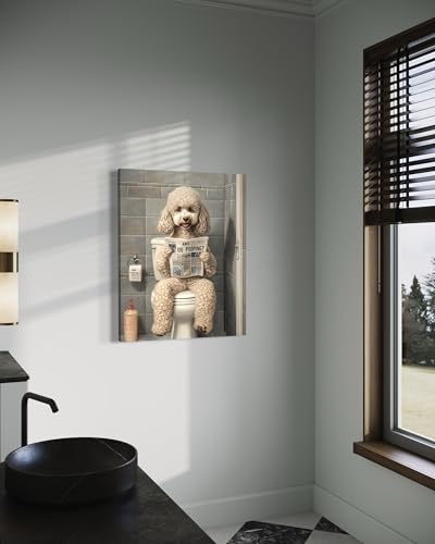 Image of Poodle White on Toilet Wall Art Print Canvas Wrapped, Dog Bathroom Humor Decor Posters Prints for Restroom Home Picture Painting Artwork Gallery 7 (Poodle White, 20L inch x 16W inch CANVAS, Wrapped Canvas)