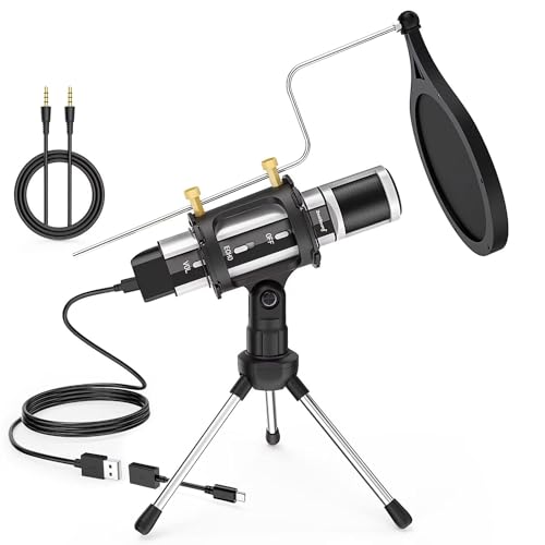 ZealSound Studio Recording Microphone, Condenser Broadcast Microphone w/Stand Built-in Sound Card Echo Recording Karaoke Singing for Phone Computer PC Garageband Smule Live Stream & YouTube (Silver)