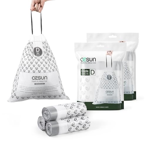 Image of Cesun Code D Drawstring Trash Bags 90 Count, Pre Cut 2.6 Gallon / 10 Liter Small Trash Can Liners, White
