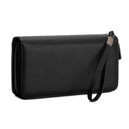 Wallet for Men with Wrist Strap - Card Holder Wallet with Phone Pocket, Large Capacity Zip Around Travel Wallet for Cards & Cash (Black)
