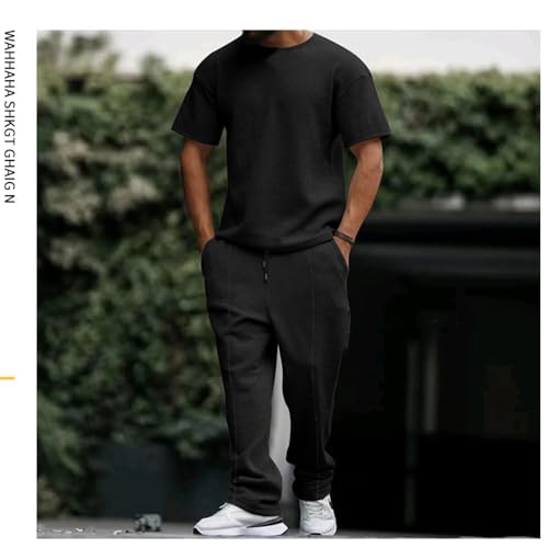 Mens Casual Solid Color Two Piece Suit, Waffle Round Neck Short Sleeve Top and Athletic Drawstring Jogging Pant with Pockets3