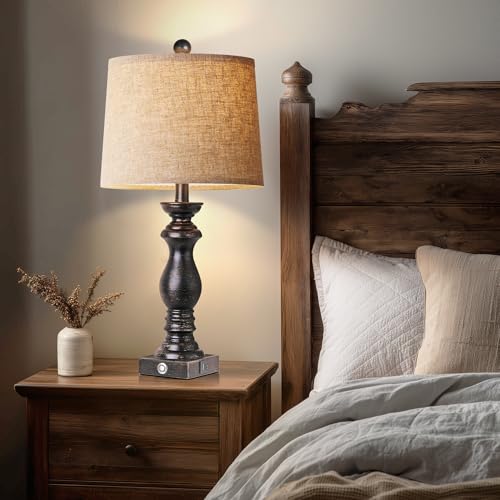 Image of 24.5 inch Table Lamp Set of 2, Rustic Farmhouse Bedside Lamps with USB A+C Charging Ports, 3-Way Dimmable Touch Control Nightstand Lamps for Living Room Bedroom, Antique Black, LED Bulbs Included