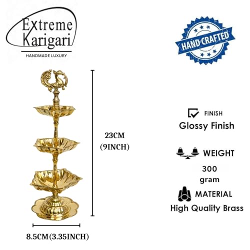 Image of Handcrafted Double Brass Diya with Peacock Design | Traditional Brass Oil Lamp for Puja, Temple & Home Decoration | Antique Finish Deepak for Festivals (Triple Diya)