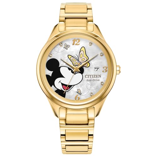 Citizen Ladies Eco-Drive Mickey Mouse Watch Gold-Tone Stainless Steel Case & White Mother-of-Pearl Dial (Style: FE6192-51D)