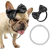 2 Pack Adjustable Black Bow Headband and Diamond Cuban Link Chain Pet Accessories - Dog Costume Cool Funny Chain Party Cosplay Birthday Photo Props for Small, Medium Dogs