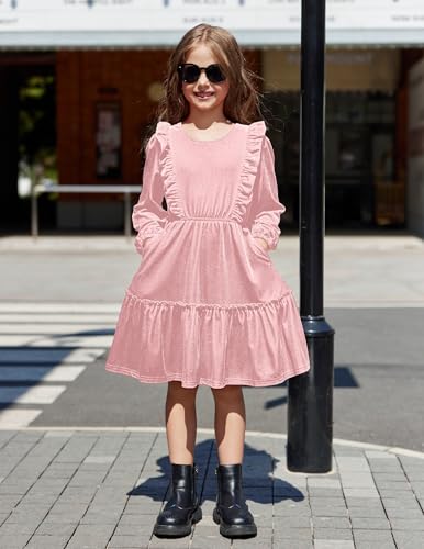 Arshiner Girls Dress Long Sleeve Velvet Casual Dress with Pockets 5-14 Years4