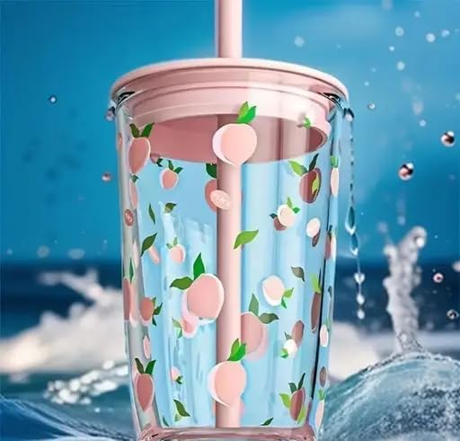 Image of Round Wave Cola Mug Can Sipper with Straw - 530ml Reusable Aesthetic Glass Tumbler for Juice, Milk, Smoothies, Iced Coffee, Tea, Water & More - Durable Drinking Cup (Printed Fruit Bottle)