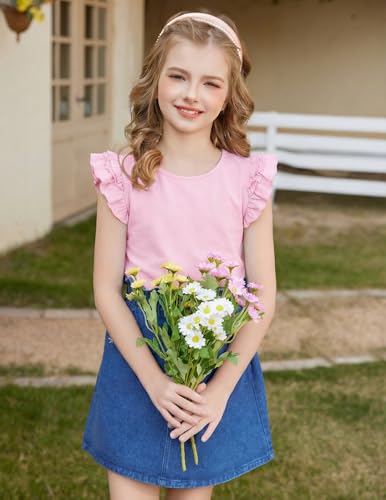 Image of Arshiner Girls 2 Piece Outfits Summer Clothes Ruffle Short Sleeve Shirts Top and High Waist Paper Bag Shorts Set with Pockets