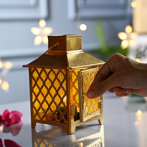 Image of MARKET 99 Metal & Glass Lantern Candle Holder with Yellow Glass | Decorative Hanging & Tabletop Lantern for Diwali, Christmas, Weddings & Festive Home Decor | Golden & Yellow Finish