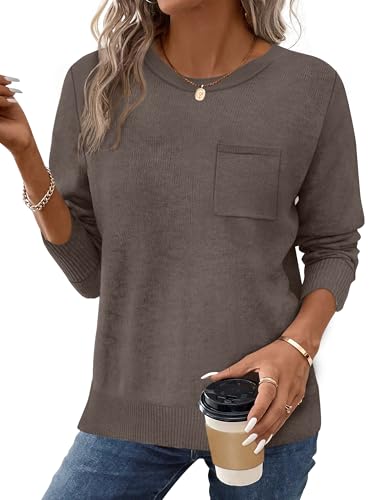 OFEEFAN Womens Fall Clothes Chocolate Brown Fall Sweater 2025 Long Sleeve Knitted Ribbed Outfits Winter Daily Wear Coffee M