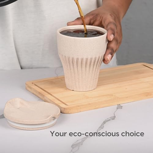 Image of Eha Earth Friendly Rafter Coffee Mug with Lid | Tea Cup Set | 300 ml | Made with Rice Husk | Microwave Safe Mugs for Gifting | 2 Unit | Sand Castle