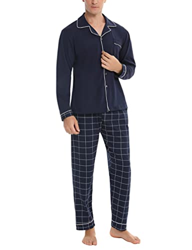 Bresdk Pyjama Homme en Coton Ensemble de Pyjamas Hiver pour Hommes Patte de Boutonnage à Manches Longues Vêtements de Nuit Couleur Unie à Carreaux 2 Pièces, Bleu, XL Cover