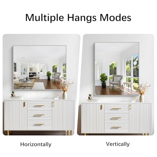 Image of COFENY Silver Bathroom Mirror for Wall, 30x36 Inch Rectangle with Metal Frame, Modern Vanity for Bathroom Living Room, Entryway Hangs Horizontal or Vertical