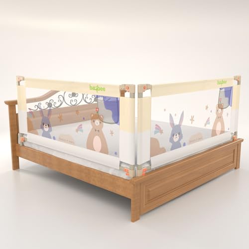 Image of BAYBEE Bed Railing for Baby Safety Guard for Kids | Bed Side Protector for Baby Falling Guard with 28 Level Height Adjustable & Portable Bed Rails for Babies (6FtX5Ft, 2 Sides, White /Beige)