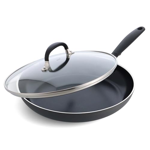 Image of OXO 12” Non-Stick Every Day Frying Pan with Lid, BPA-Free Comfort Grip Silicone Handle, Dishwasher & Oven Safe, PFAS-Free Ceramic Skillet, Black