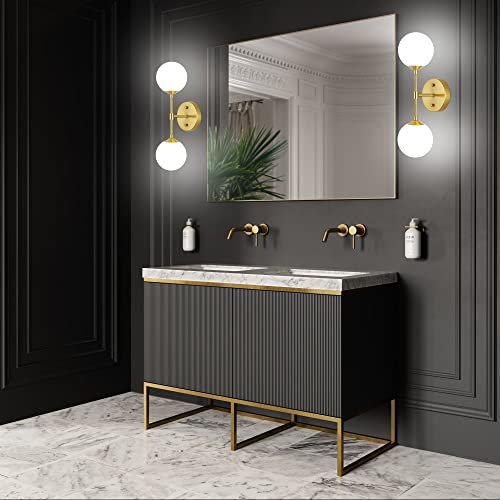 Bathroom Vanity Lights, Brass Gold Bathroom Light Fixtures Set Of 2, Mid Century Modern Globe Wall Sconces Bathroom Lights, Dimmable Wall Light Sconces Wall Lighting With Frosted Milk Glass, G9 Base #TOP4