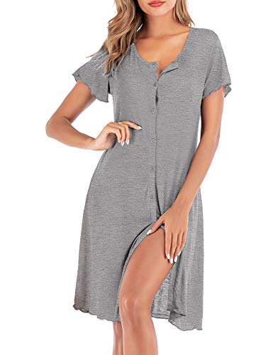Dloreuk Women's Nightshirt, Short Sleeve Nightgown V Neck Button Down Pajama Dress Grey-M #TOP24