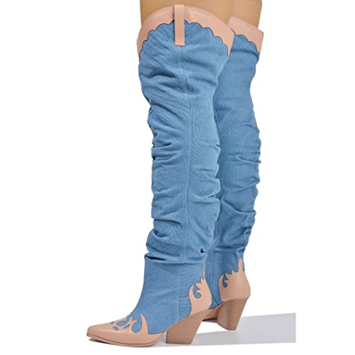 Cape Robbin Jeans Cowboy Women Over The Knee, Western Cowgirl Booties with Chunky Block Heels, Fashion Dress Boots - Denim Size 73