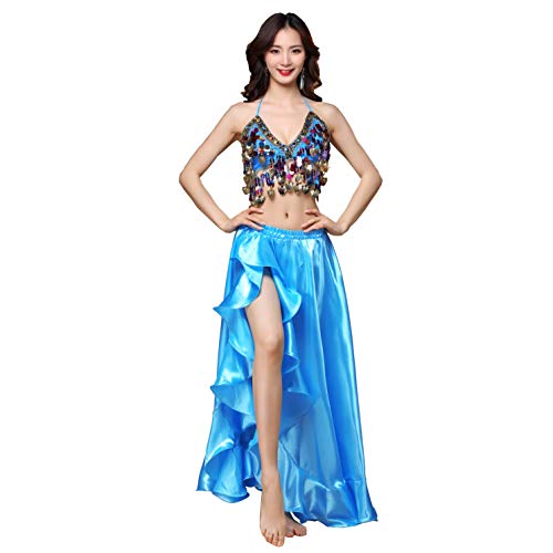 Belly Dance Satin Skirt Split Side Long Skirts Shiny Dance Skirt Festival Performance Clothing For Women (Sky Blue) #TOP1