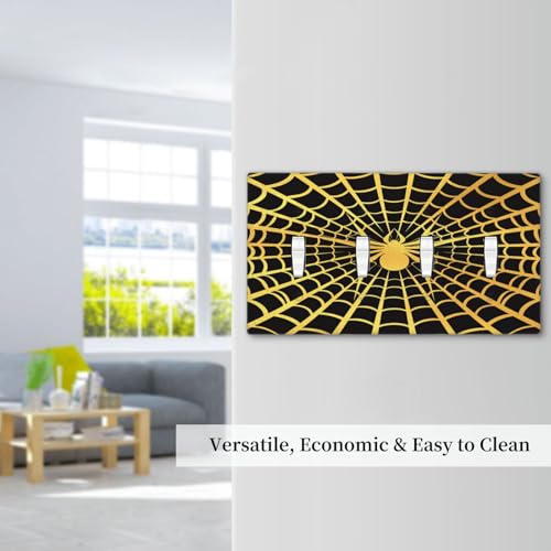 Decorative Switch Plate Covers Black Background with Golden Spiderweb Spider 4 Gang Light Switch Cover Plate Quad Toggle Wall Plate Outlet Covers for Bedroom Home Decor