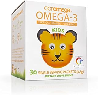 Coromega Kids Omega 3 Fish Oil Supplement, 650mg of Omega-3s, Tropical Orange + Vitamin D, 30 Single Serve Squeeze Packets