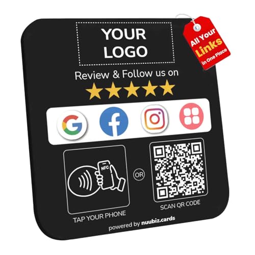 Custom Review Tap Plate for Google & Social Media Sign (2 Pack)– NFC & QR Code Enabled – All-in-One “Review Us” & “Follow Us” Sign for Google, Instagram, Facebook, TikTok & More – Include Absive & Stand - No App, No Fees