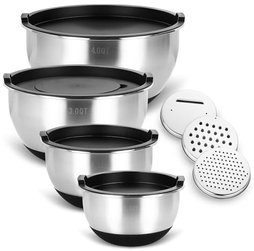 Bastwe Edelstahl Schüssel Set, 4-teilig Salatschüssel mit Deckel, 3 Reibenaufsätzen, Rührschüssel Set für Backen Aufbewahrung, Stapelbar, Vielseitigkeit, Spülmaschinenfest (4.5L/3.5L/2L/1.1 L)