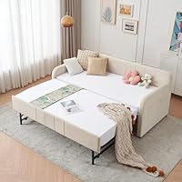 Twin to King Daybed with Trundle, USB Ports, Velvet Upholstered Daybed with Pop Up Trundle Bed, Modern Extendable Day Bed Frame for Kid Adult Bedroom Living Room Guest Room Small Places Beige