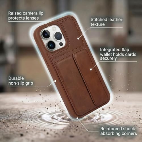 Image of amazon basics Luxury Vegan Leather Back Cover for iPhone 12 Pro Max | Built-in Card Holder Slot | Integrated Mobile Stand | Slim Shockproof Protective Case with Stitched Finish - Brown