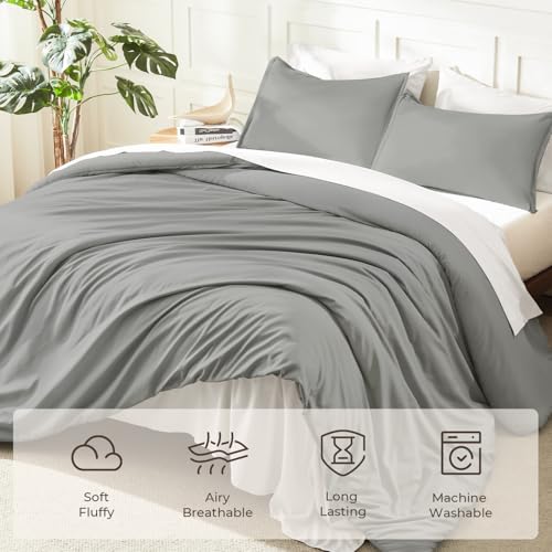 Image of Litanika Comforters Medium Gray Queen Size, 3 Pieces Lightweight Solid Bedding Set & Collections, All Season Fluffy Bed Set (90x90In Comforter & 2 Pillowcases)