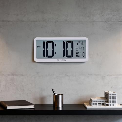 Image of Titan Large White Digital Wall & Table Clock | Big LCD Display | Day, Date & Room Temperature | Battery Operated | Modern Minimalist Design | 356x160mm | W0117PD02