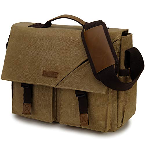 Messenger Bag for Men,Water Resistant Canvas Satchel 14 Inch Laptop Briefcase Vintage Shoulder Bag for Business School Brown