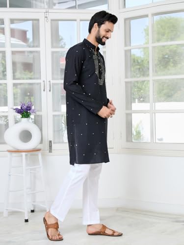 Image of See Designs Men's Full Sleeve Mandarin Collar Sequins Embroidered Chanderi Straight Long Kurta with Yoke Design - Festive Collection