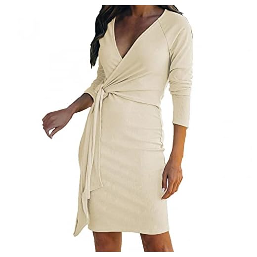 Klänning dam festlig elegant höftklänning V-ringad omlottklänning sexig långärmad festklänning tajt balklänning pencilklänning bodycon penna klänning stretch stickad klänning aftonklänningar höst vinter tunika klänning, Beige, XXL