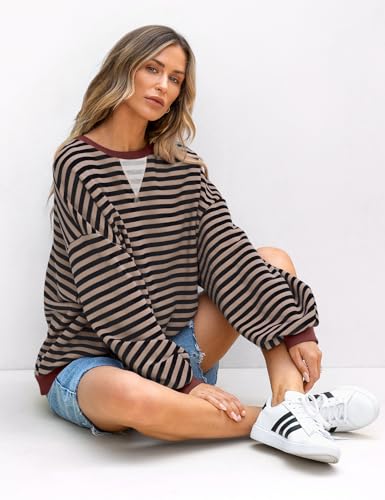 Image of UEU Women Oversized Striped Crewneck Sweatshirt Long Sleeve Color Block Pullover Tops Casual Loose Workout Shirt