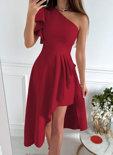 Image of Dokotoo Womens One Shoulder Sleeveless Ruffle Empire Waist Asymmetrical High-Low Bodycon Formal Wedding Guest Midi Dresses