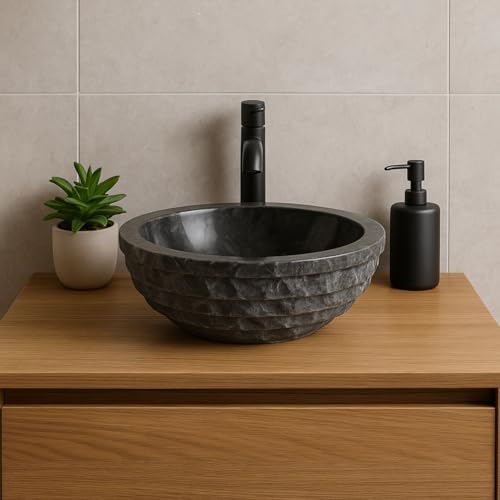 Lendo Online Lavabo rond 40x40x15 cm - Marbre - Pierre naturelle - Évier de salle de bain - Vasque à Poser de Toilette - Brillant - Lave-mains moderne (Noir)