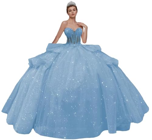Puffy Tulle Quinceanera Dresses Strapless Ball Gowns Sweetheart Ruffle Sweet 16 Dresses Sparkly Evening Gown