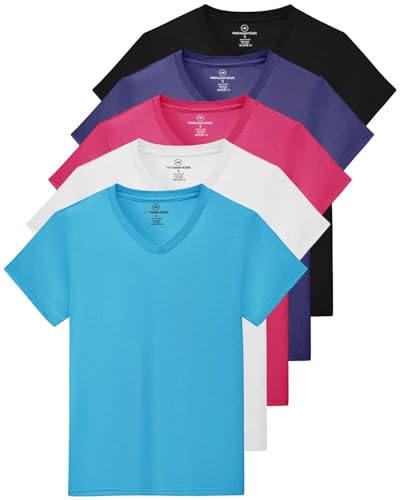 Real Essentials 5 Pack: Women's Short Sleeve Breeze Tech V-Neck T Shirt –Workout Top Wicking Dry Fit Athletic Tee (Plus)