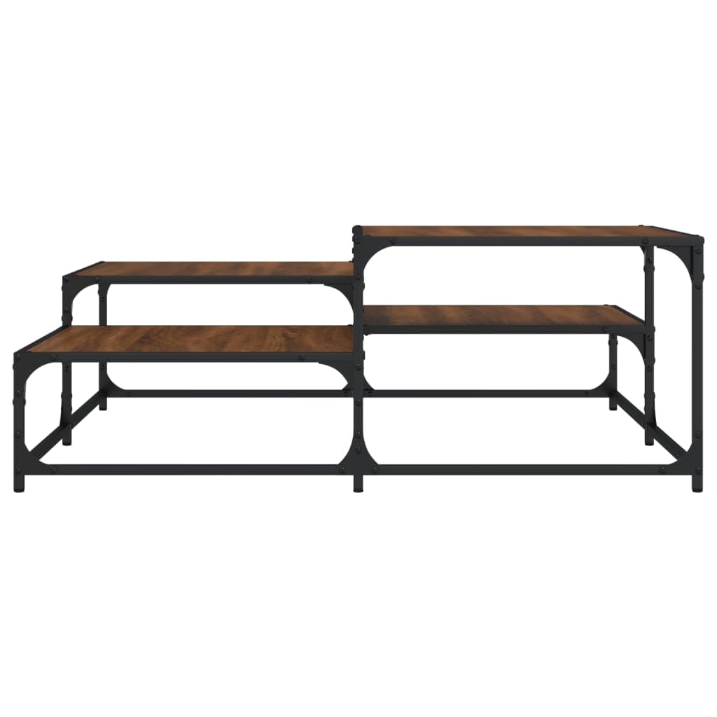 Stolik kawowy, brązowy, imitacja dębu, materiał drewnopochodny i metal, 107 x 107 x 40 cm, kwadratowy, z regulowanymi nogami i stabilnym blatem stołu, do salonu, na sofę, do biura