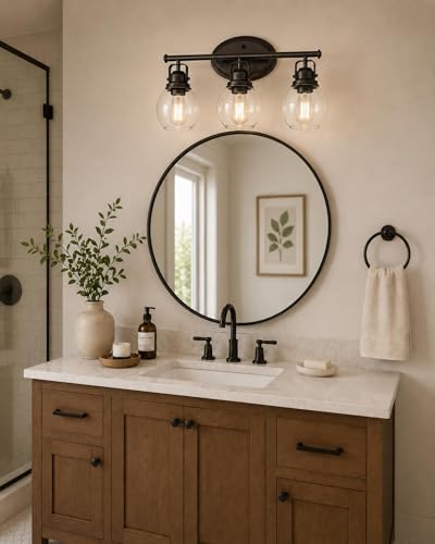 Image of 3-Light Farmhouse Bathroom Vanity Light Over Mirror | Oil Rubbed Bronze Vanity Lighting Fixture with Globe Clear Glass, Metal Frame, Wall Mounted, AD-2148-3W