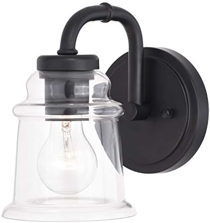 VAXCEL Toledo 1-Light 5.25 inch Wide Matte Black Industrial Bathroom Vanity Lighting Fixture, Clear Glass Shade, Dimmable, LED Compatible, Wall Mounted Steel Sconce