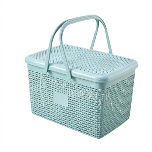 Vzqr バスケット お風呂用 収納バスケット 手提げブルー 使いやすい 長方形 ふた付き ポリプロピレン 軽量 タオル収納に最適 (21.5×31.5×20cm(ふた付き),ブルー)