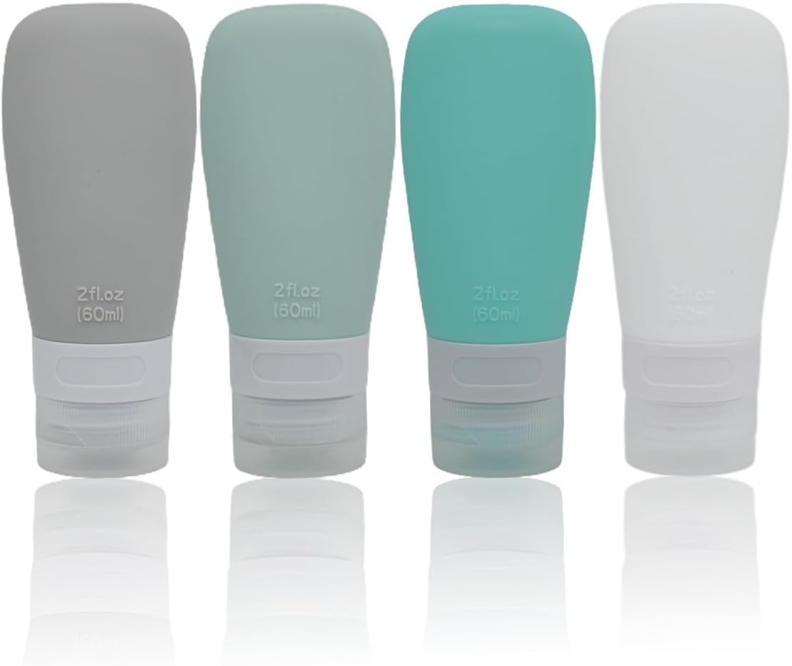 Silicone Travel Bottles, Leak Proof Squeezable Refillable Travel Accessories Toiletries Containers Travel Size Cosmetic Tube for Shampoo Lotion Soap Liquids (2oz 4pack)