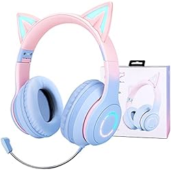 Cascos Gamer Con Orejas JYPS Auriculares Inalámbricos para Niños para Niñas, con Luz LED, Orejas de Gato, Auriculares Bluetooth Ajustables sobre la Oreja con Micrófono para Adolescentes/Adultos Mujeres/Tableta/iPad/PC Rosa